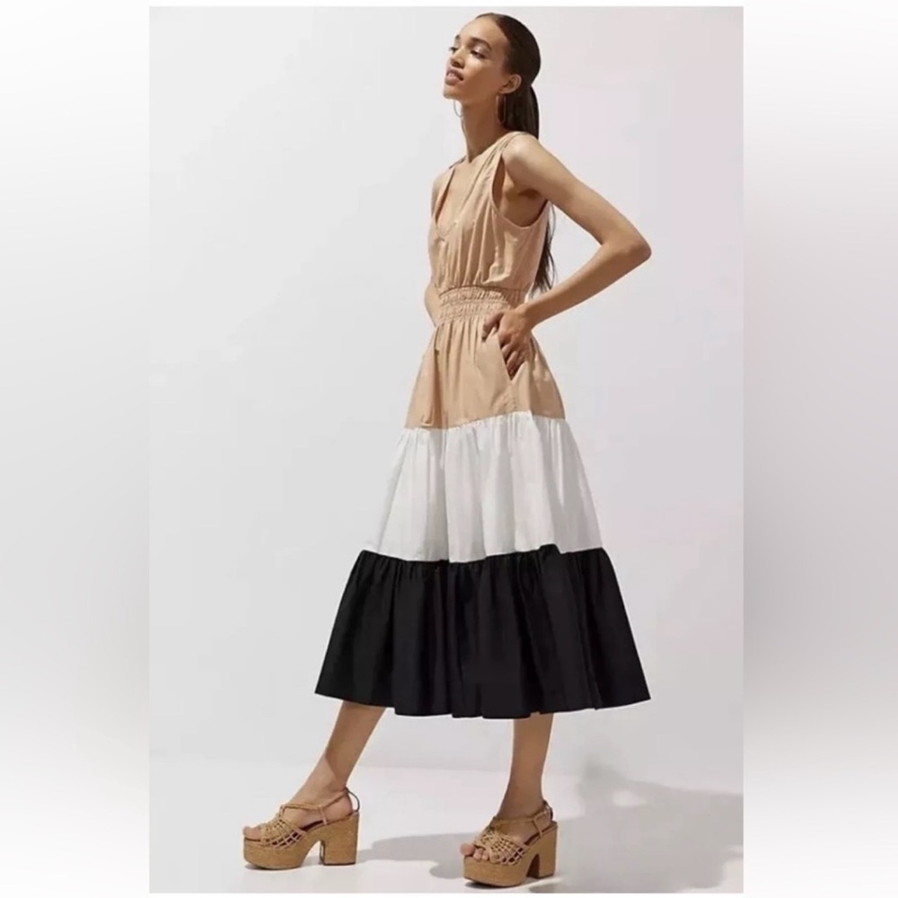Maeve Anthropologie Colorblock Tiered Midi Dress Tan Black 4 Casual